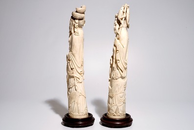 A pair of tall Chinese ivory figures of a fisherman and woman, 19/20th C.